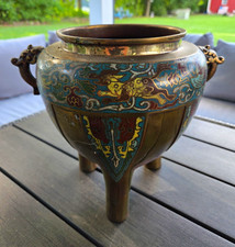 Antique Japanese Bronze & Champlevé Enamel Hexagonal Koro (Incense Burner) with Foo Dog Finial — listing 6
