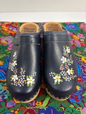 Olsson Clogs De Luxe Hand-Painted Floral Swedish Wooden Clogs, Navy Blue, Size 38 EU / US 7 — listing 6