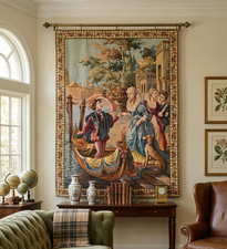 Vintage Woven Scenic Landscape Tapestry Tablecloth with Lake, Cottage & Sailboat Motif