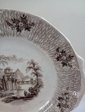Antique Victorian Brown Transferware Ironstone Platter with Polychrome Floral Border — listing 2