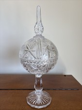 Cut Crystal Pedestal Covered Compote with Pinwheel and Fan Pattern, Tall Spire Finial — listing 2