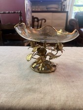 Italian Gilt Tole Rose Compote with Etched Glass Dish