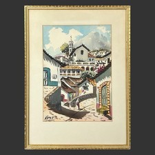Original Watercolor Painting of Mexican Church Scene with Figures in Sombreros — listing 6