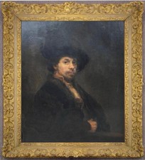 Old Master-Style Portrait Painting of a Young Man in Beret (After Rembrandt), Carved Giltwood Frame — listing 2