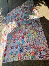 Handmade Patchwork Quilt, Botanical Green/Blue/Yellow Block Design with Stipple Machine Quilting