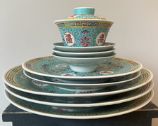 Chinese Rose Mun Shou Longevity Porcelain Dinnerware Set (Covered Tureen, Plate, Bowls, Spoons) — listing 2