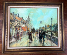 Mid-Century Parisian Street Scene Oil Painting, Bridge & Cityscape at Dusk, Signed Starts with 'N' — listing 2