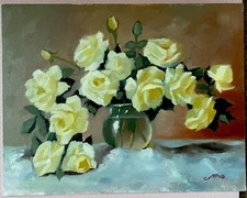 Vintage Floral Still Life Oil Painting, Bouquet in Blue Vase, Signed, Giltwood Frame, listing 5