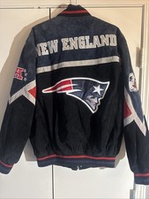Vintage 1990s NFL New England Patriots Black and Blue Suede Leather Varsity Bomber Jacket — listing 2