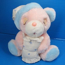 Vintage Cream Plush Sleeping Teddy Bear with Pink Bow — listing 6