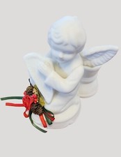 Vintage Bisque Porcelain Angel Girl Candle Holder Figurine with Star Cutouts and Gold Halo — listing 6