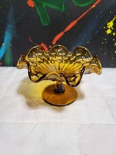 Vintage Amber Glass Thumbprint Footed Compote / Pedestal Bowl — listing 3