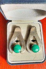 Sterling Silver 925 Modernist Paisley Drop Earrings with Malachite Cabochons — listing 3