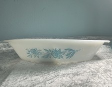 Vintage Milk Glass Casserole Dish with Green Floral Pattern and Clear Lid — listing 3