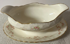 Pope-Gosser China Gravy Boat with Underplate and Platters, Ivory with Gold Band — listing 3