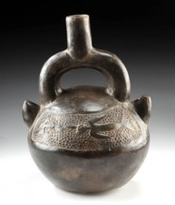 Chimu Style Blackware Pottery Stirrup Vessel with Figural Relief — listing 2