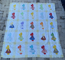 Vintage Handmade Sunbonnet Sue Appliqué Quilt, Blue Checkerboard Setting — listing 5