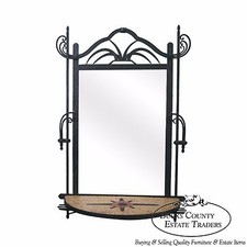 Teal Wrought Iron Demilune Console Table with Glass Top and Floral Rosette Medallion — listing 6