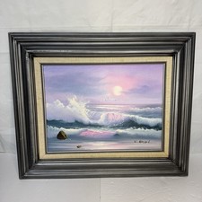 Vintage Framed Coastal Sunset Seascape Print, California-Style Beach and Cliffs, Early-to-Mid 20th Century — listing 3