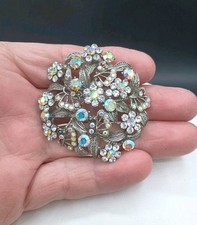 Vintage Gold-Tone Filigree Flower Brooch with Aurora Borealis Rhinestones