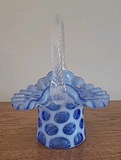 Pair of Vintage Fenton French Opalescent Coin Dot Boudoir Lamps with Ruffled Hurricane Shades and Brass Bases — listing 5
