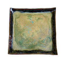 Handmade Studio Pottery Square Serving Bowl with Dark Green Glaze and Applied Shell Medallions — listing 2