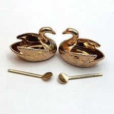 Limoges France Gold Gilt Porcelain Figural Swan Open Salt Cellar with Two Salt Spoons — listing 3