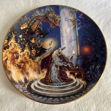 Fantasy Dragon and Wizard Collector Plate with Gold Rim