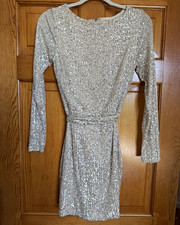 Silver Sequin Mini Dress with Cowl Neckline and Black Bow Straps — listing 5