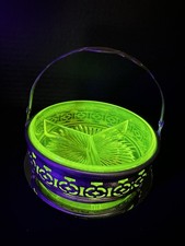 Vaseline Uranium Glass Divided Relish Tray in Pierced Metal Footed Holder, 7.5 inch — listing 3