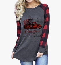 Merry Christmas Tree Raglan Long Sleeve Shirt, Grey and Red, Buffalo Plaid & Leopard Trees, Size XL — listing 4