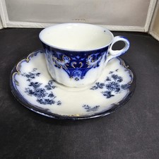 Antique Flow Blue Transferware Teacup and Saucer, Abbey/Castle Ruins Scenic Pattern