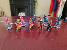 Lot of 11 Antique Flat Lead Toy Soldiers, WWI Marching & Fighting Infantry, Grey Uniforms with Red & White Flag