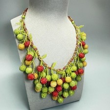 Handmade Beaded Statement Necklace with Ceramic & Resin Beads in Rose, Purple, Red & Green