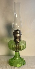 Vintage Uranium Glass Kerosene Oil Lamp with Green Vaseline Glass Font and Clear Glass Chimney, 17 inches tall — listing 4
