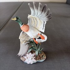 Hand-Painted Porcelain Duck Figurine with Green Fishnet (Fishscale) Pattern and Gold Beak