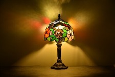 Tiffany-Style Leaded Stained Glass Lamp Shade with Floral & Filigree Border, Cast Metal Base