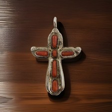 Zuni Sterling Silver Coral Petit Point Cross Dangle Earrings