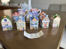 Avon Spice Village Ceramic Cottage Spice Jar Set with Wooden Display Shelf (12 Pieces)
