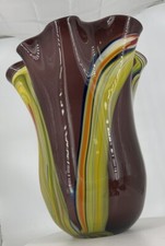 Art Glass Fluted Vase with Pink and Green Swirls, Satin/Frosted Finish, 10" Tall — listing 5