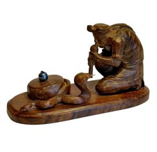 Vintage Hand-Carved & Painted Wooden Snake Charmer Figurine with Cobra and Pungi Flute — listing 3