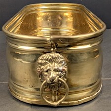 Vintage Brass Cylindrical Planter Jardinière with Lion Head Ring Handles — listing 3