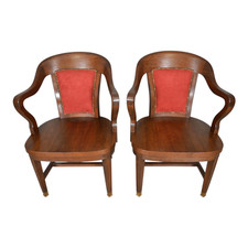 banker's pair Pair of Vintage Bankers Chairs Solid Wood Slat-Back Armchairs — listing 5