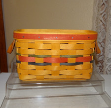 Longaberger Small Handwoven Basket with Leather Handle, Green Trim & Red Accent Band — listing 5