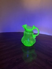 Miniature Green Uranium Crackle Glass Pitcher, 4 inches Tall, Hand-Blown with Applied Handle — listing 3