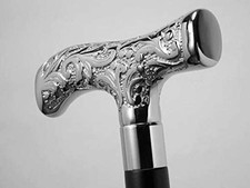 Antique Ebonized Wood Walking Stick Cane with Decorative Silver-Tone Collar — listing 6