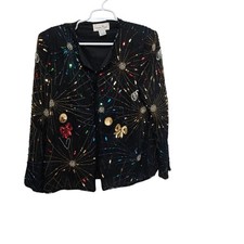 Vintage Royal Blue Silk Sequin Beaded Evening Blouse — listing 3