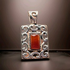 Vintage Carnelian Cabochon Rectangular Filigree Pendant in Yellow Gold Tone — listing 2