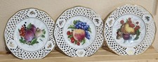Set of 6 German Porcelain Reticulated Fruit Plates with Gold Trim, Hand-Colored Orchard Fruit Transfers — listing 3
