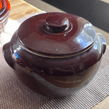 Vintage Brown Glazed Stoneware Bean Pot with Double Handles — listing 3